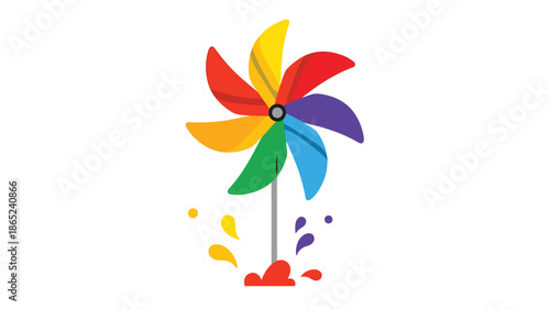 Bright multi colored pinwheel toy with petals in red orange yellow green and blue spinning on a gray stick.
