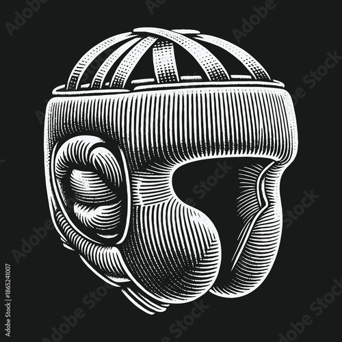 Detailed Engraving of a Protective Boxing Headgear on Dark Background.