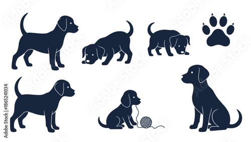 Collection of dark blue silhouettes showing cute labrador puppies in various playful poses and a dog paw print.