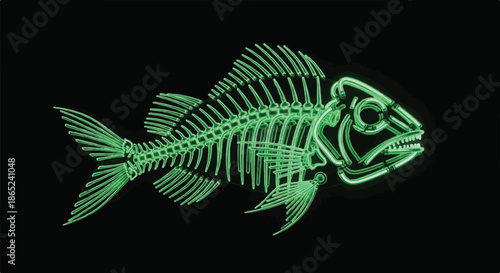 Glowing Green Neon Fish Skeleton Anatomy on Dark Black Background for Science and Art