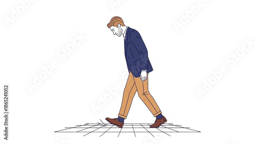Depressed Businessman Walking on Grid Floor, Sadness Concept, Isolated on White