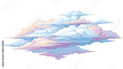 Dreamy group of soft clouds in pastel shades of blue purple and pink floating against a plain white background.