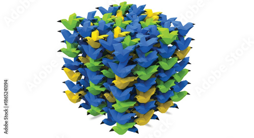 Abstract Cube Composition Formed by Colorful Origami Paper Birds in Blue Yellow and Green