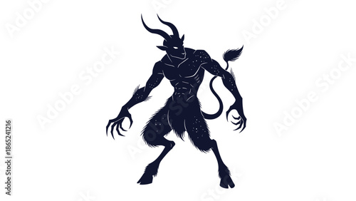 Dark blue silhouette of a muscular horned demon or satyr creature with claws and a tail on a white background.