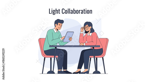 Diverse team collaborating on a digital tablet at a table, modern flat illustration