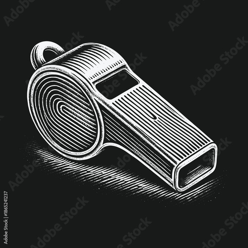 Detailed Engraving of a Classic Whistle on Dark Background.