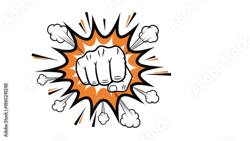 Hand drawn comic book style illustration of a front facing fist punch with a large orange explosion background.