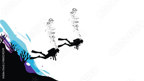 Black silhouettes of two scuba divers swimming underwater among coral reefs with rising bubbles and colorful water.