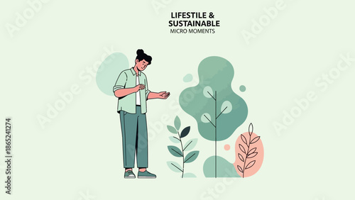 Eco-conscious person interacting with nature illustration, sustainable lifestyle concept