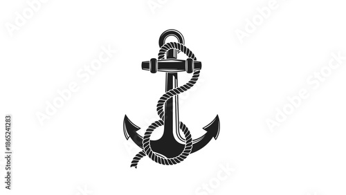 Classic black and white nautical anchor emblem wrapped with a heavy rope isolated on a plain white background.
