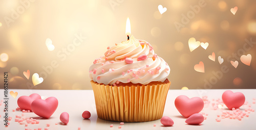 birthday cupcake with candle, Valentine's day concept, burning heart shaped candle on cupcake and gift.
