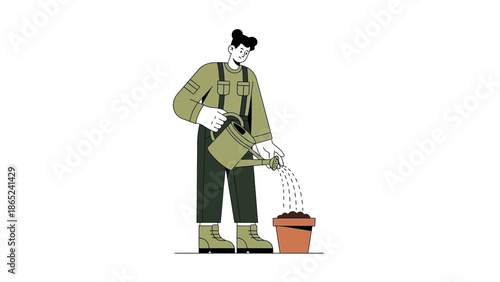 Gardener watering potted plant with watering can, flat illustration