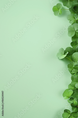 Green clover leaves arranged on a soft pastel green background, creating a fresh and vibrant atmosphere, ideal for nature-themed designs or seasonal celebrations