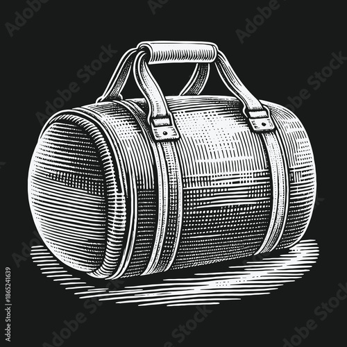 Detailed Engraving of a Classic Duffel Bag on Black Background.