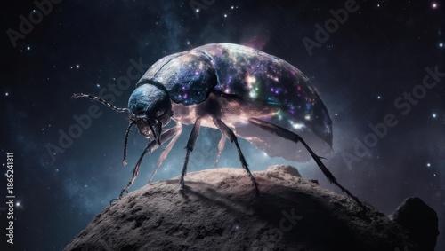 Luminous Cosmic Beetle Standing on an Asteroid in Deep Space.