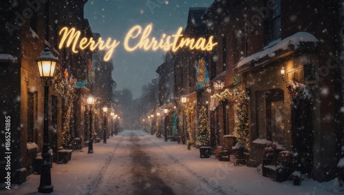Magical Christmas Street Scene with Snowfall and Festive Lights.