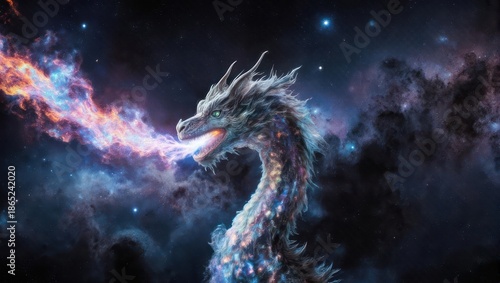 Majestic Dragon Breathing Cosmic Fire in a Starry Nebula.