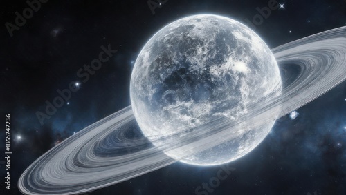 Majestic Crystal Planet with Rings Orbiting in the Vast Cosmos.