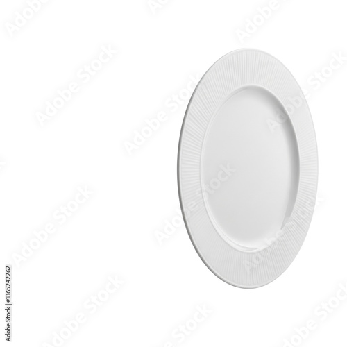Pristine, round white ceramic dinner plate with an elegant textured rim, against a transparent background with ample copy space, symbolizing purity and new beginnings