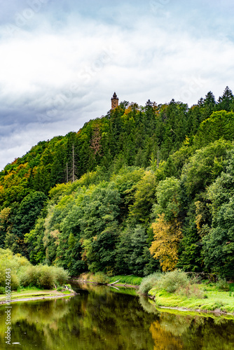 Village path through rural summer landscape panorama of the Góry Sowie (Owl Mountains), Poland, with green hills, meadows, forests, and clear blue sky in natural daylight.