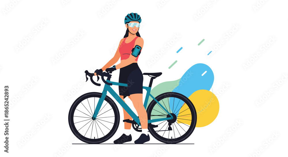 Obraz premium Stylish young woman in a helmet and sportswear standing with her road bike, ready for a ride, with a colorful abstract background.
