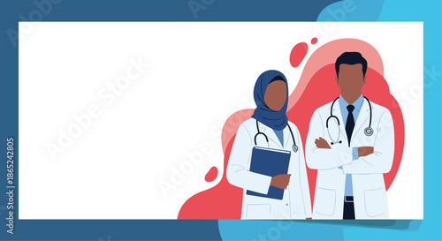 Professional medical banner featuring a diverse team, a black male doctor and a Muslim female doctor in a hijab, with copy space for text.