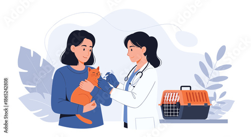 Female veterinarian giving an injection or vaccine to a calm ginger cat held by its loving owner in a modern and clean veterinary clinic.