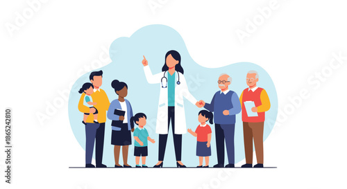 Female family doctor standing with a diverse group of patients, including children, adults, and seniors, representing healthcare for all ages.