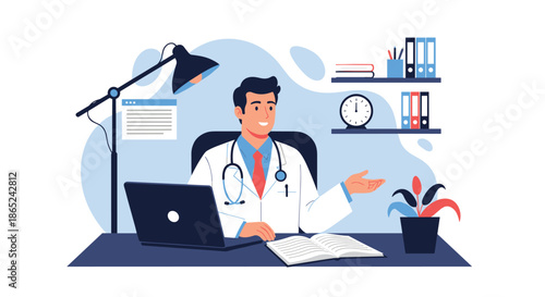 Friendly and confident male doctor sitting at his desk in a modern office with a laptop, gesturing as he provides a medical consultation.
