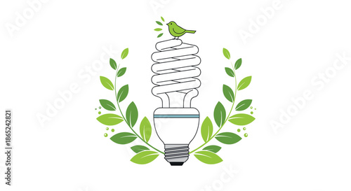 Eco-friendly concept illustration featuring a compact fluorescent light bulb inside a green laurel wreath, symbolizing energy saving and conservation.