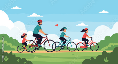Happy family with a father and three daughters wearing helmets while enjoying a bicycle ride together on a sunny day in a beautiful green park.