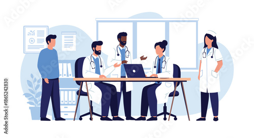 Medical team of diverse doctors and a nurse having a meeting in a hospital office, discussing a patient's case around a laptop and table.