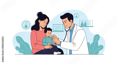 Male pediatrician carefully examining a young boy with a stethoscope while the child sits comfortably on his mother's lap in a clinic.
