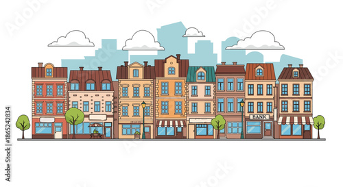Charming European-style city street with a row of old, colorful townhouses, shops, and a bank, set against a modern city skyline background.