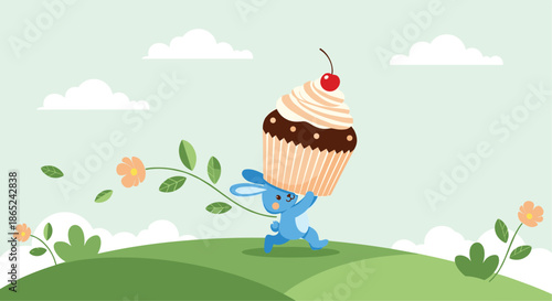 Cute blue bunny happily running across a green hill carrying a giant cupcake with a cherry on top under a beautiful and clear sky.