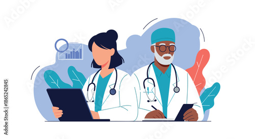 Professional medical team of a female doctor with a laptop and a senior male doctor writing notes, analyzing patient data and medical records.