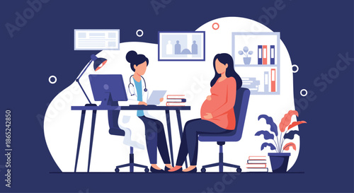 Female doctor having a consultation with a pregnant woman in a modern medical office, providing prenatal advice and care during the pregnancy.