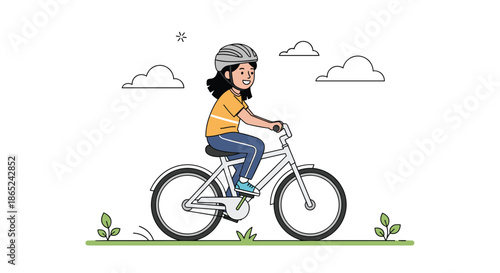 Happy young girl wearing a safety helmet while riding her bicycle on a green lawn, enjoying a healthy and active outdoor lifestyle.
