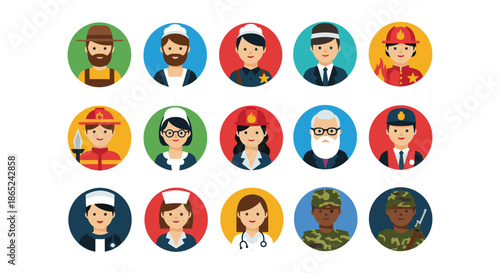 Set of fifteen circular avatars featuring cartoon characters of various professions like farmer, doctor, police officer, firefighter, and soldier.