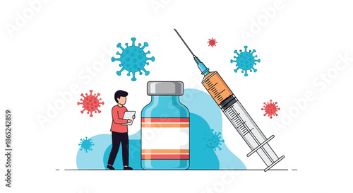 Medical concept illustration showing a scientist with a large vaccine vial and syringe, surrounded by coronavirus particles, representing immunization research.