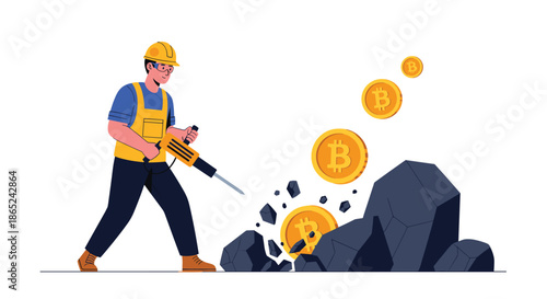 Male miner in a hard hat using a jackhammer to mine for Bitcoin, illustrating the concept of cryptocurrency mining and digital currency extraction.