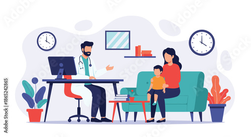 Male pediatrician in a modern clinic office having a consultation with a mother who is holding her young child on her lap in the waiting area.