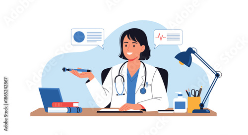 Professional female doctor sitting at her desk with a laptop and gesturing, providing an online medical consultation or explaining a diagnosis.