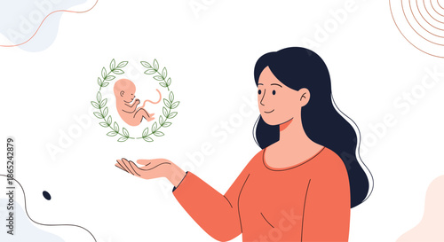 Young woman looking at a representation of a human fetus or embryo inside a leafy wreath, symbolizing pregnancy, fertility, and new life.