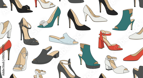 Seamless pattern background of various stylish women's shoes, including high heels, sandals, and ankle boots, for fashion and shopping themes.