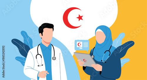 Male doctor and female Muslim doctor in a hijab with the Turkish flag, representing healthcare and medical services in Turkey.