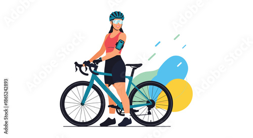 Stylish young woman in a helmet and sportswear standing with her road bike, ready for a ride, with a colorful abstract background.