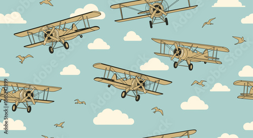 Seamless pattern with vintage biplane airplanes and seagulls flying in a light blue sky with white clouds, creating a retro aviation theme.