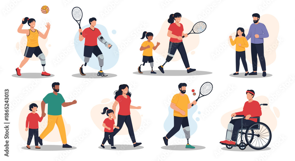 Fototapeta premium Set of illustrations showing people with prosthetic limbs and in wheelchairs leading active lives, playing sports and spending time with family.