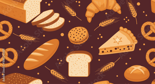 Seamless bakery pattern with various types of bread, pastries, cookies, and pie on a dark background, perfect for a bake shop.